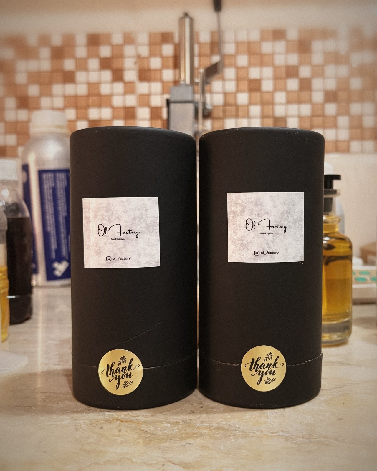 Ol' Factory perfume gift tubes with thank-you stickers